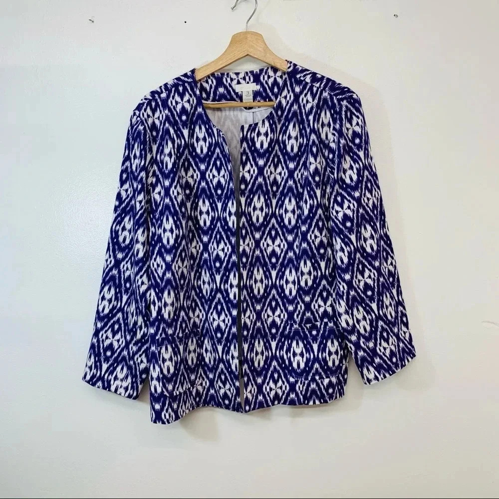 Chicos 3 Blazer Jacket Woman XL Open Purple Abstract Print Pockets Boxy Career